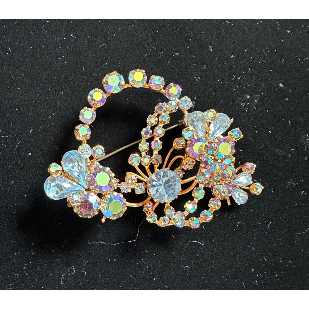 Vintage Made in Austria Blue Crystal Rhinestone Brooch 3-D Design